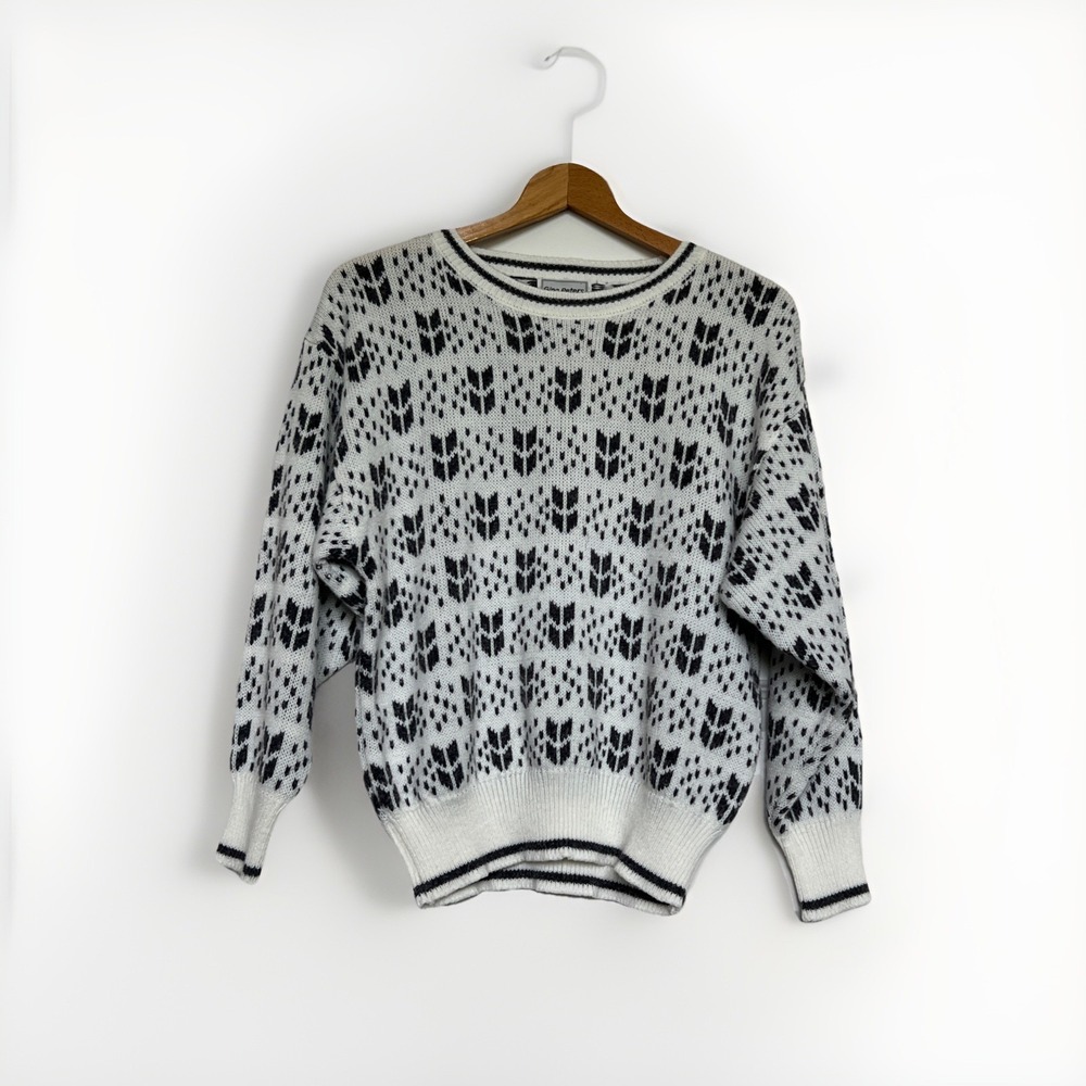 Vintage Sweater Gina Peters Gray White Fair Isle Pattern Women's Size M